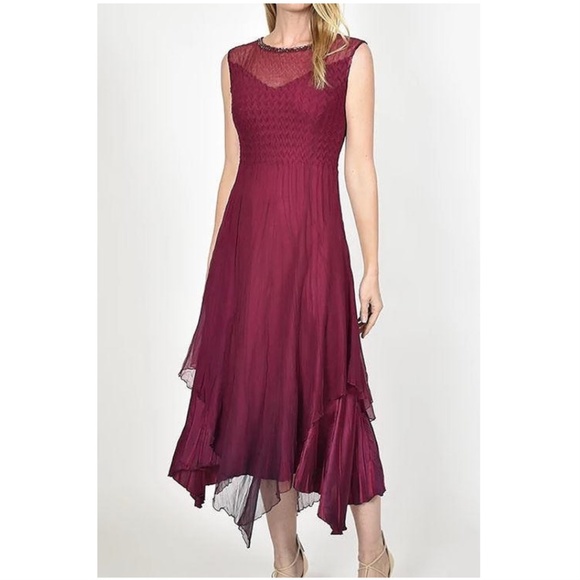 Komarov Dresses & Skirts - Komarov Beaded Illusion Neck Sleeveless Asymmetrical Tiered Dress